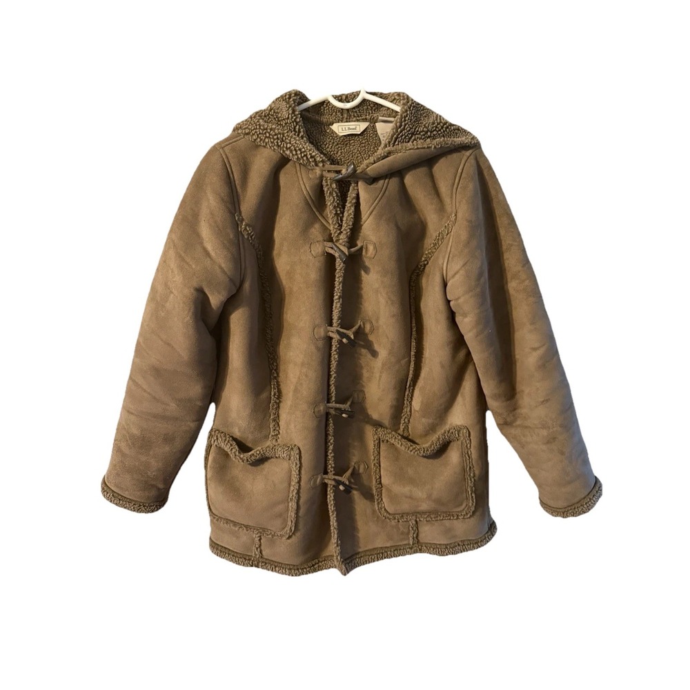 LL Bean‎ Faux Suede Sherpa Lined Toggle Closure Hooded Coat Women's Medium Reg
